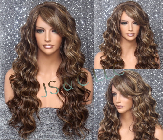 Caramel Brown Mixed Human Hair Blend Wig Heat Ok Long Deep Waves Full Bangs Cancer Alopecia Theatrical Cosplay Anime