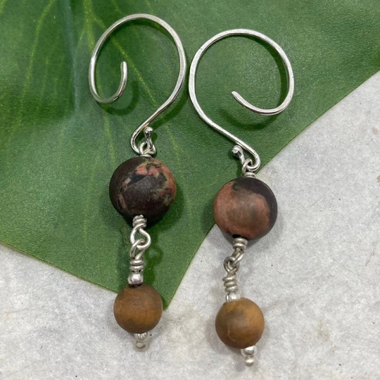 Wire Wrapped Matte Poppy Jasper, Sandalwood, & Sterling Silver Earrings
