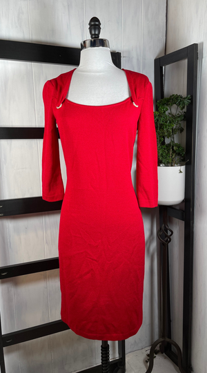 st. John Caviar Red Knit Midi Wool Blend Sheath with Rhinestones, Size 4, Brand New Without Tags