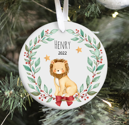 Personalized Jungle Animal Lion Christmas Ornament/ Baby's 1St/Name Stocking Stuffer/ Gift/ Ceramic