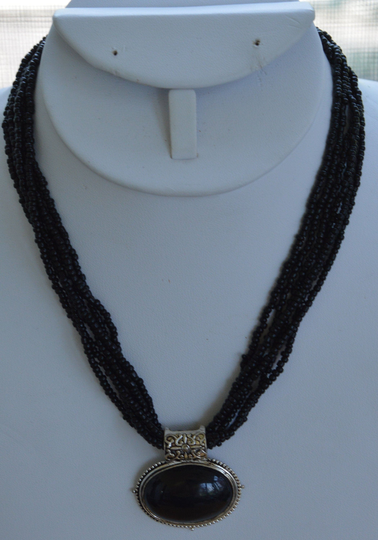 Faux Onyx, Black Glass Seed Bead Necklace, Multi-strand, Vintage, Silver Tone, 15"-18" | x9