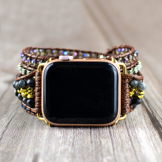 Natural Stone Watch Strap-Black Labradorite Bead Band-Healing Spiritual Protection Balance Meditation Anxiety Stress Relief Gift