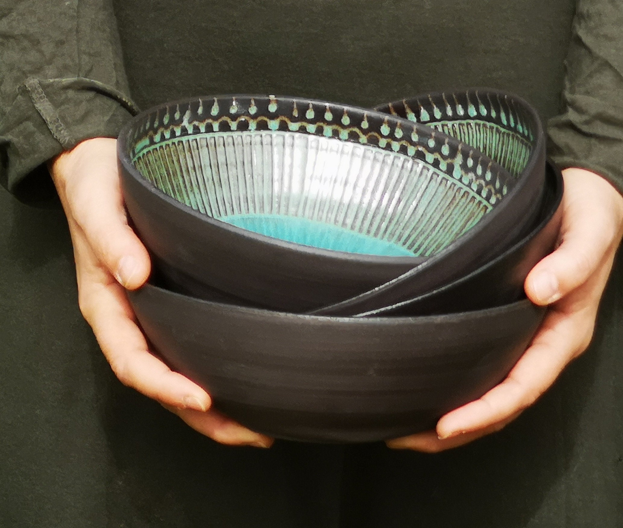 Set Of 2 Big Pasta Bowls, Handmade Ceramics, Serving Soup Bowls Pottery, Ramen Noodles Pottery Bowl With Engraved Decorations
