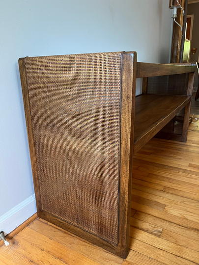 Vintage Mid Century Modern Wood & Cane Entryway Table Smoked Glass Top