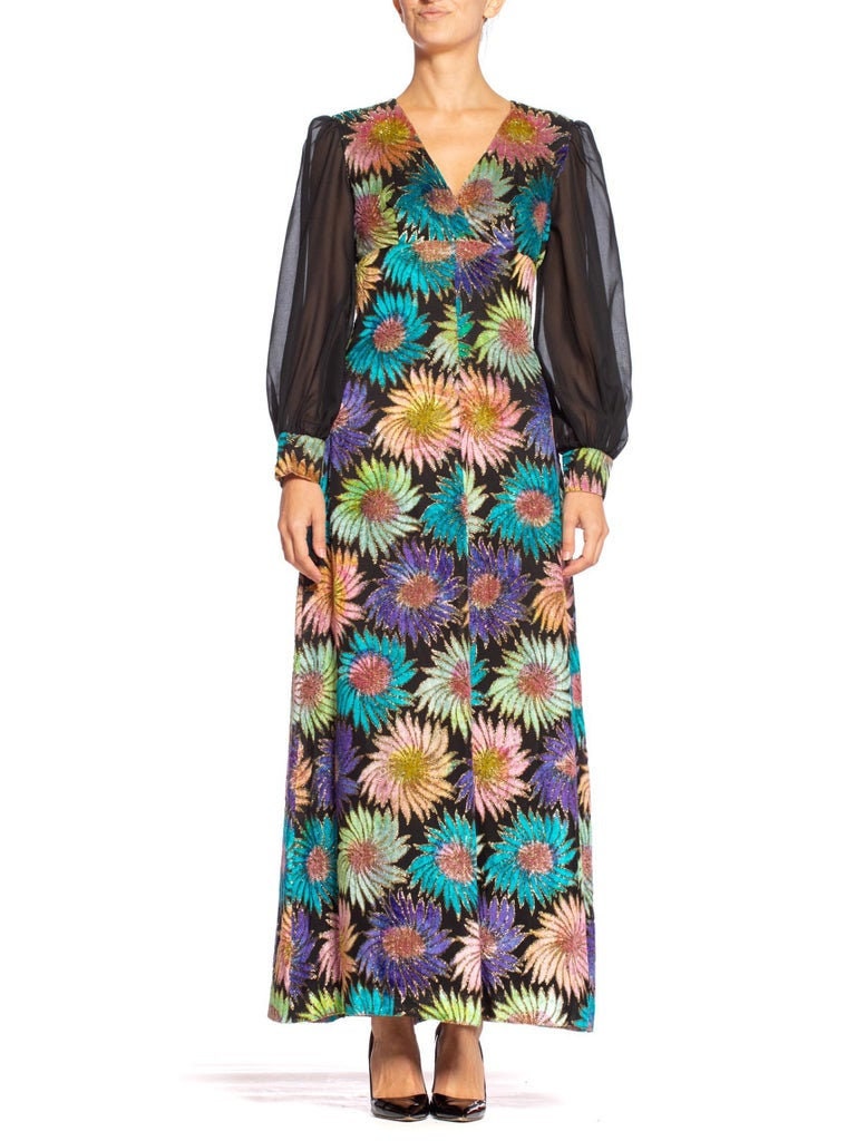 1970's Rainbow Rayon Blend Burnout Velvet Empire Waist & Sleeved Gown Hand Tie Dyed With Gold Lurex