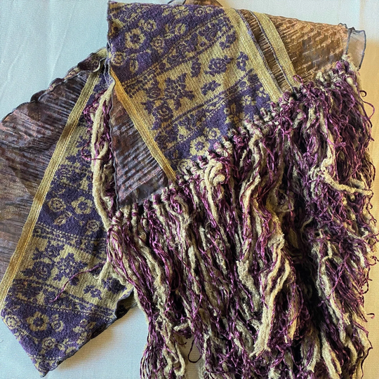 Vintage Wool Blend Italian Scarf, Long Fringed Tapestry Winter Fall Plum Olive Green Gold Bronze, Bohemian Scarf