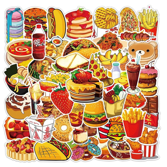 50 Delicious Food Stickers Pack, Cute Cartoon Fast For Laptop Fridge Waterbottle Waterproof Vinyl Decals Lot, Foodie Gift