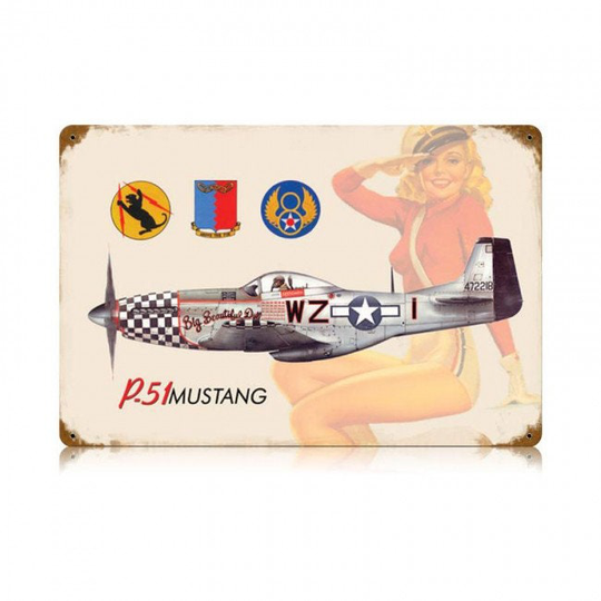 P-51 Mustang Fighter Airplane Pinup Girl Salute, Custom Shape Metal Sign, 2 Sizes, American Made Military Patriotic Wall Decor Art V Ps