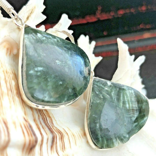 Natural Seraphinite Earrings Teardrop Dangle Drop .925 Sterling Silver 1 3/4"