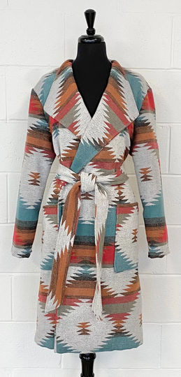 Trench Coat in Wool Blend Southwest Diamond Print Orange Red Brown & Dark Turquoise - Unlined