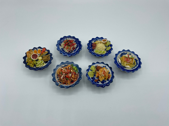 Vintage Ceramic Miniature Asian Food Art Sculptures Blue White Pottery Tiny Sushi Bowls Japanese Ramen Dishes Noodles Rice Lobster Oriental
