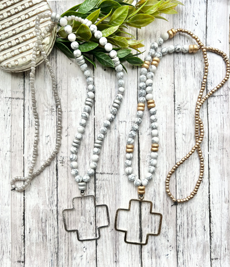 Beaded Cross Necklace. White. Gray. Silver. Gold. Cross Pendant Necklace