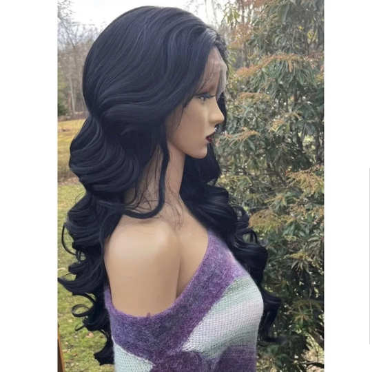 Long Wavy Black Human Hair Blend Front Lace Middle Parting Daily Wig