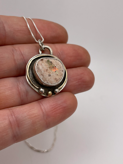 Mexican Fire Opal Multi Color Flash Sterling Silver Pendant Necklace