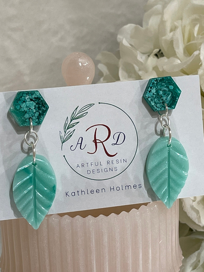 Unique Pair Of Shades Green Dangle Leaf Earrings/ Dark & Sage Green/Birthday Gift