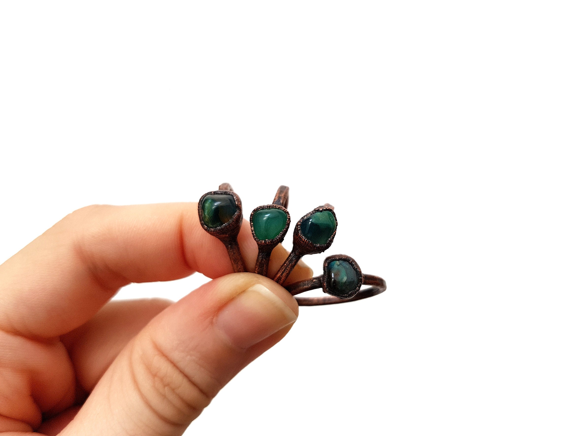 Green Agate Ring - Electroformed Copper Jewelry Raw Stone