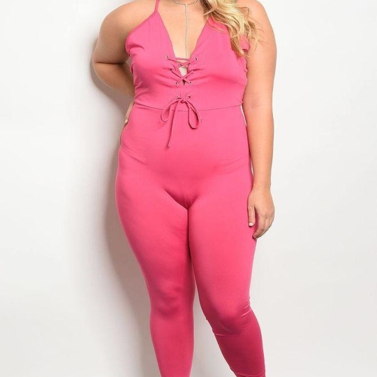 Plus size spandex blend fitted jumpsuit with a v neckline with lace up details - 1XL
