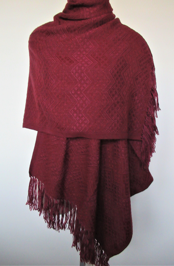 Peruvian Alpaca Blend Shawl For Women/ Burgundy Blend With Geometric Design/Alpaca Wool Wrap