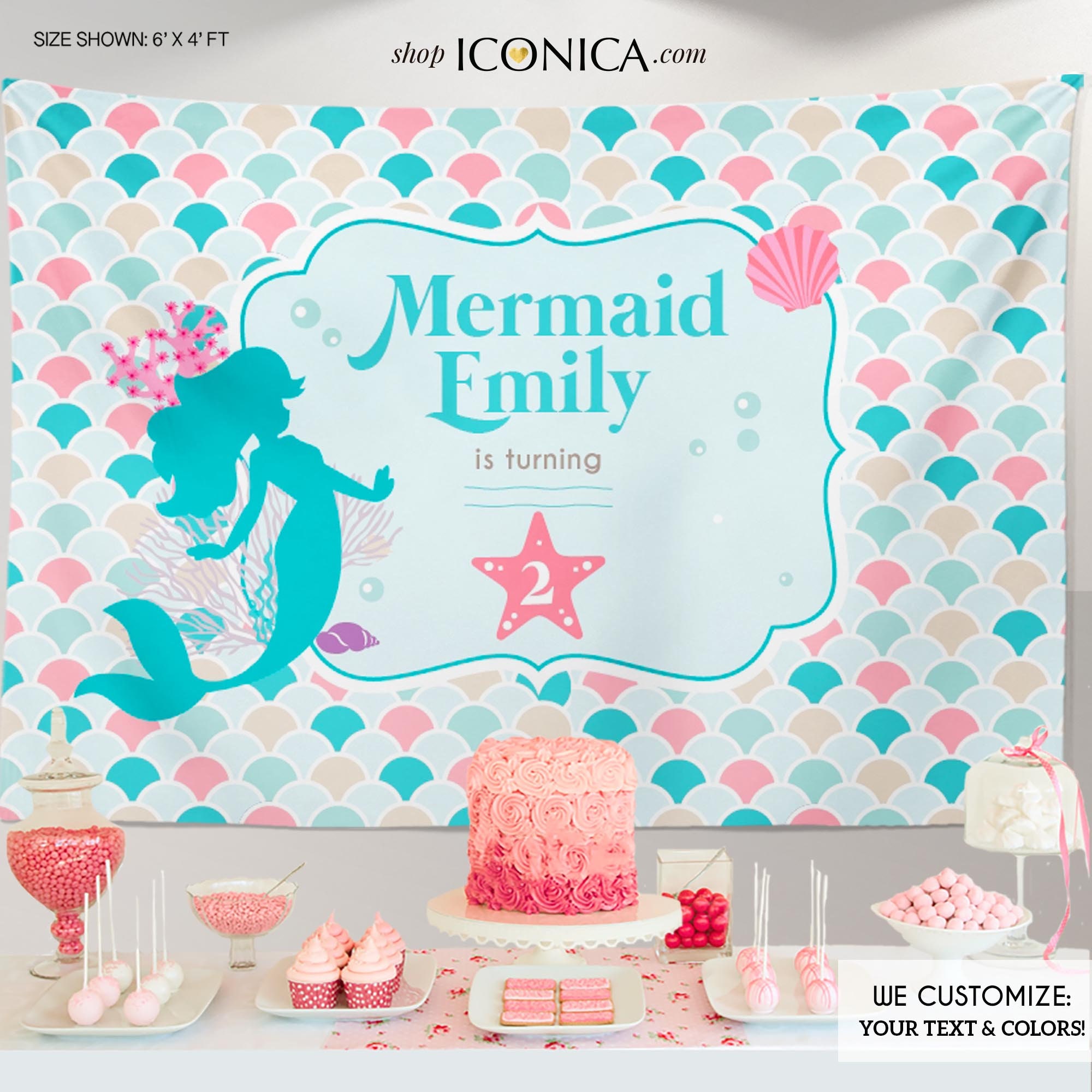 Mermaid Party Backdrop, Under The Sea Party, Banner Any Colors Pink & Blue Seashell Backdrop Printed Or Printable File Bbd0054