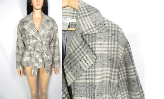 Vintage 90S Plaid Wool Blend Belted Cropped Jacket Size S