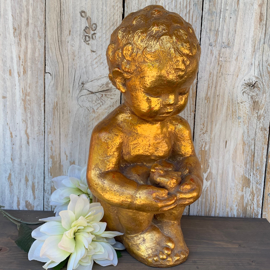 Vintage Golden Child Holding Bird Garden Statue