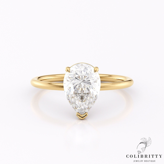 Pear Cut Moissanite Ring, Teardrop Engagement 14K 18K Yellow Gold, Solitaire Teardrop Wedding Handmade Ring For Bride