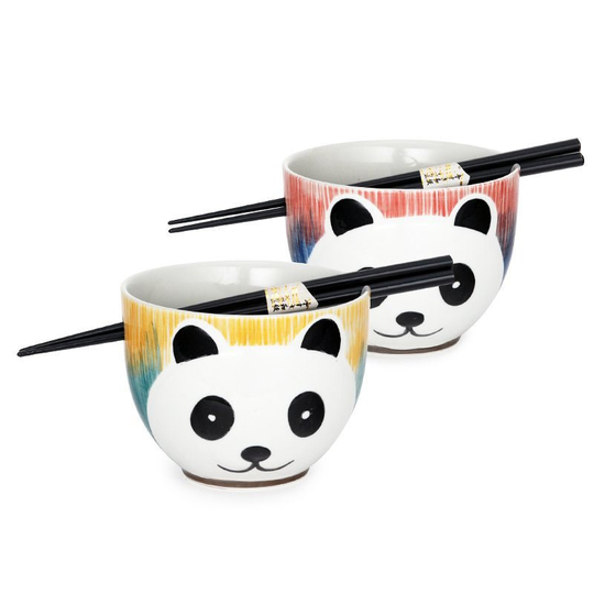 4 Piece Multicolor Panda Bowl Set With Chopsticks & Chopstick Hole 5" D, 18 Fl. Oz
