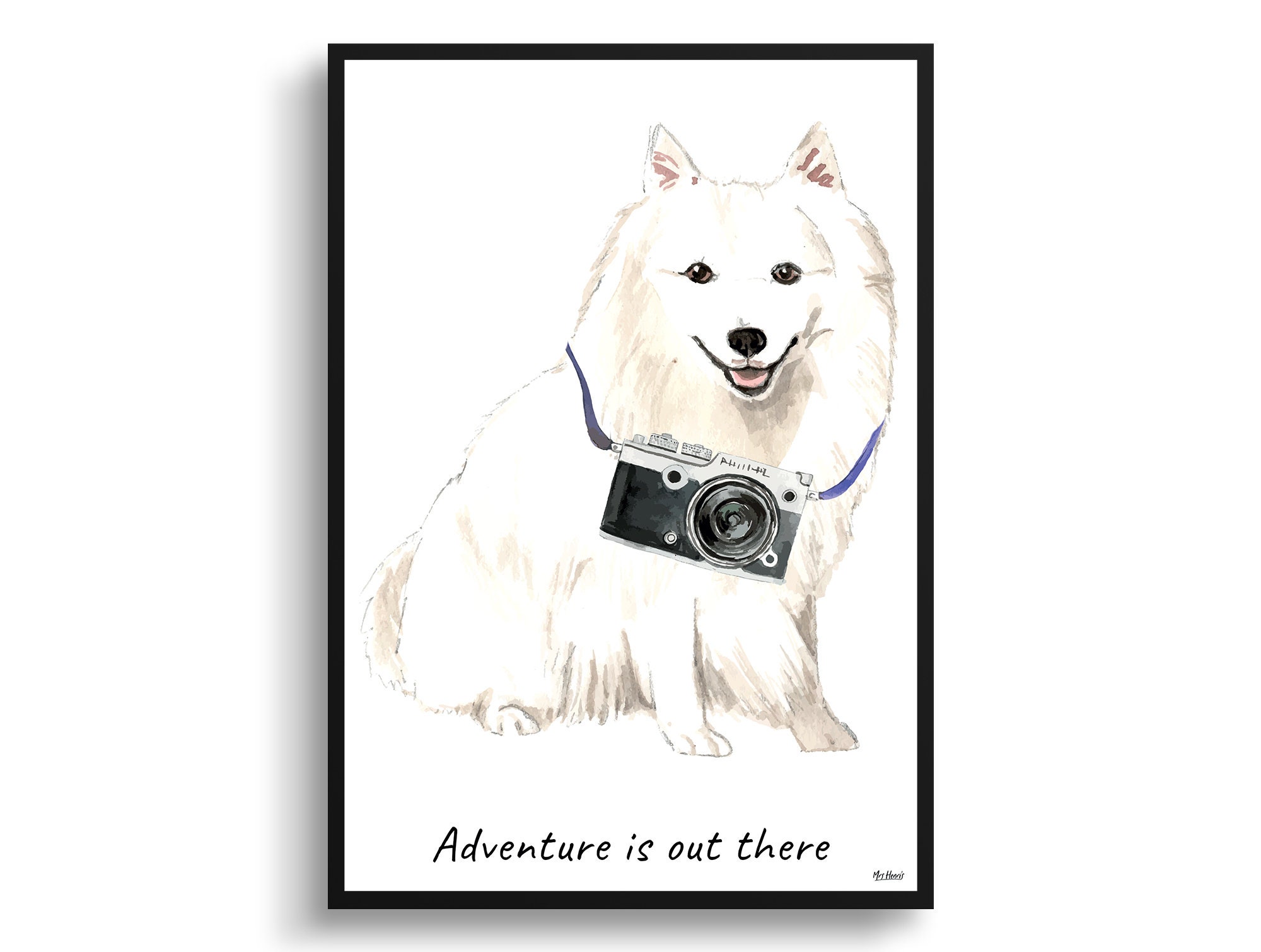 Adventure Is Out There Japanese Spitz Dog Print Illustration. Framed & Un-Framed Wall Art Options. Personalised Name