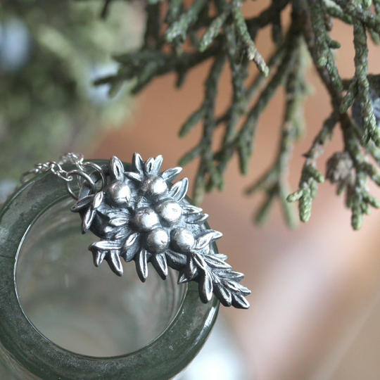 Juniper Necklace, Botanical Pendant, Sculpted Fine Silver, Evergreen Yuletide Jewelry, Gin Lover Gift