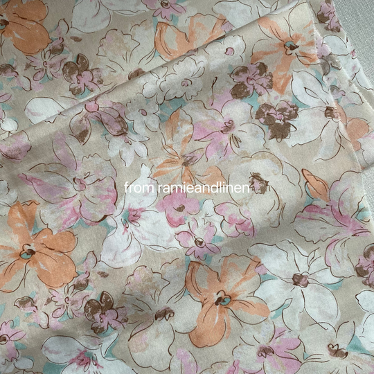 Silk Fabric, Watercolor Style Floral Print, Soft Silk Cotton Blend Half Yard By 54" Wide
