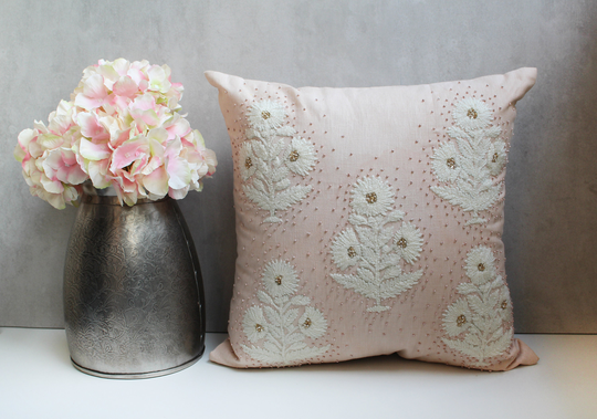 Blush Pink Cotton Linen Blend Pillow Wool Bead Embroidery Luxury Contemporary Throw Modern Hand Embroidered Embellished Custom 158