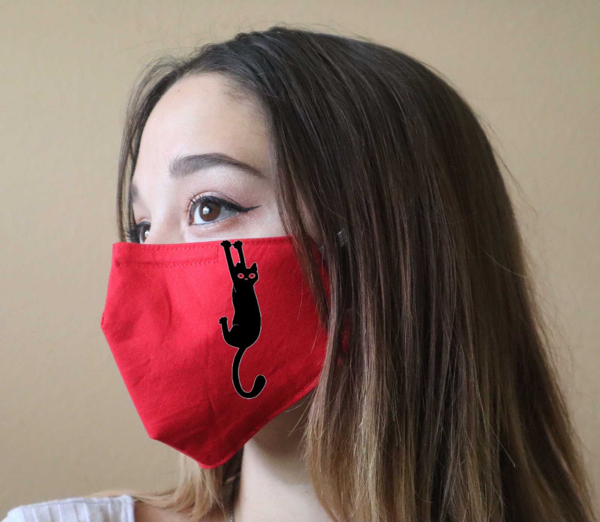 Handmade Cotton Blend Customizable Face Masks With Adjustable Ear-Loops - Hanging Cat Adult Small 8 X 5"