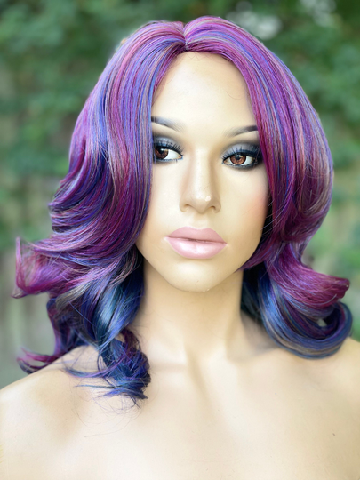 Human Hair Blend Wig Purple Blue Ombré Highlights 10" Full Cap