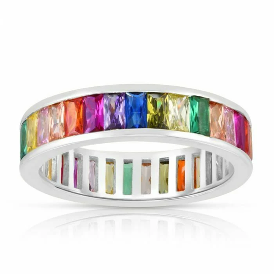 Silver Rainbow Cz Baguette Eternity Ring Real Sterling 925