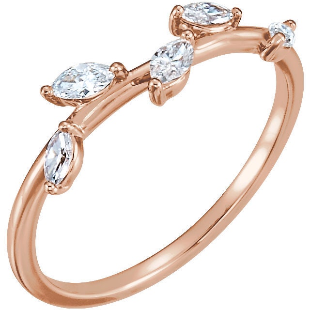 Natural Zircon Ring, Cz Wedding Art Deco Eternity Band, Rose Gold Plated Anniversary Gift Leaf Women's