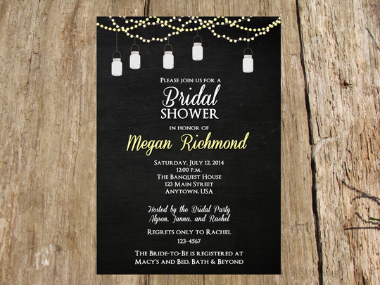 Bridal Shower, Fairy Lights Mason Jar Chalkboard Invitation