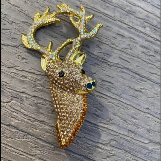Gold Plated Brown Rhinestones Deer Elk Reindeer Brooch Pin New With Velvet Pouch 3"