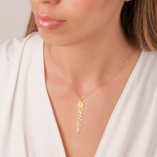 Name Necklace With Birth Flower, Floral Necklace, Custom For Bridesmaids, Bridesmaid Proposal, Mothers Day Gift