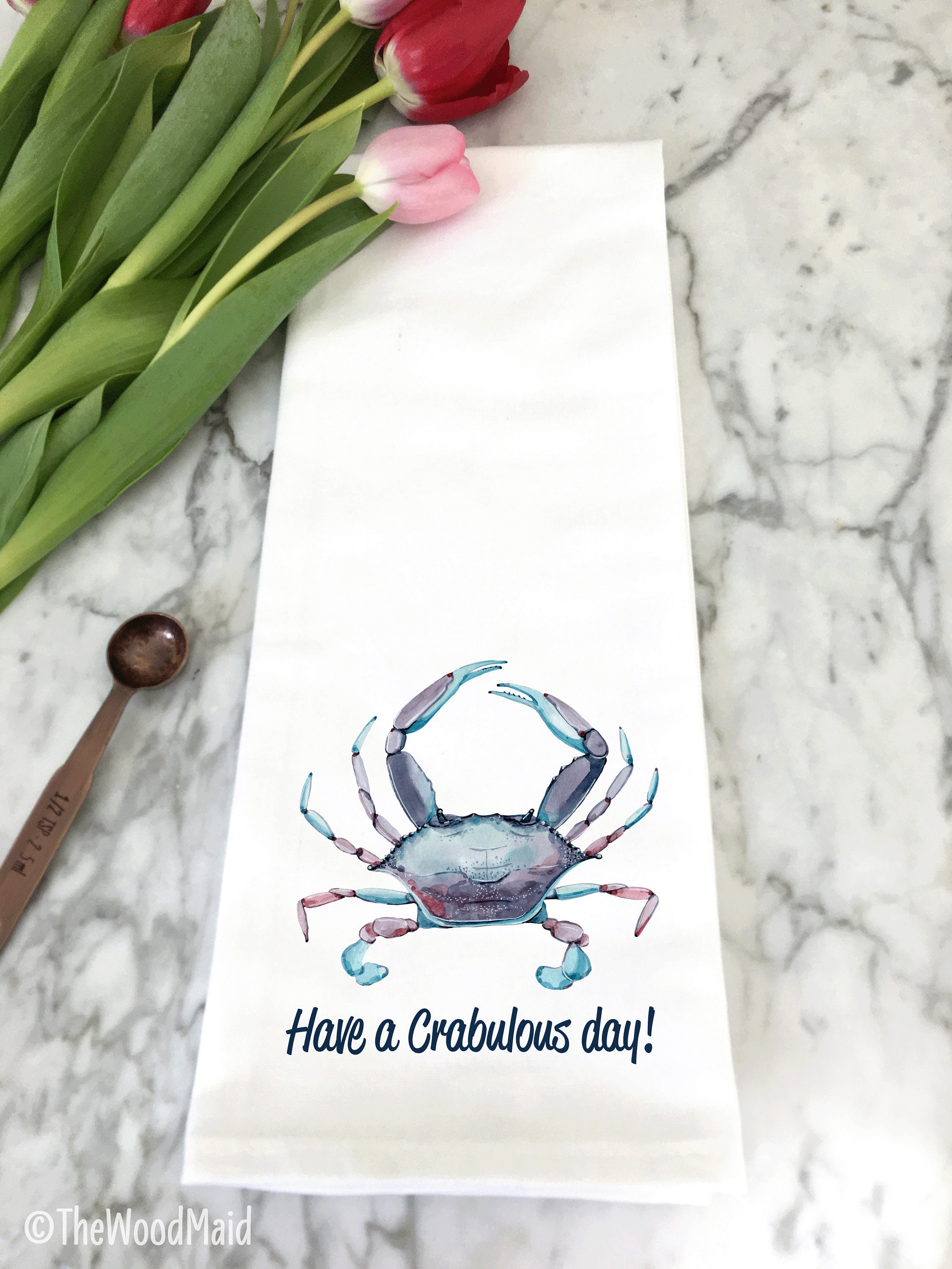 Blue Crab Lovers Kitchen Tea Towel Present, Nautical Decor Gift, Seafood Dish Hostess Gift