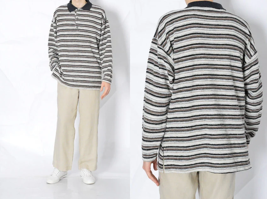 Vintage 90S Gray Brown Striped Wool Blend Lightweight Jumper Mens Sweater Size L