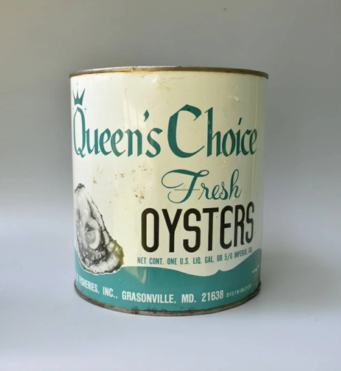 Vintage Gallon Size Queens Choice Oyster Tin Advertising Can B & S Fisheries, Grasonville Maryland - Seafood