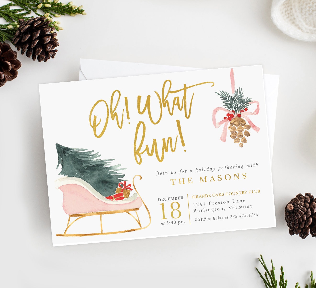 Oh What Fun Holiday Party Invitation, Christmas Invites, Winter Sleigh, Trees, Gold, Printed/Digital - 31