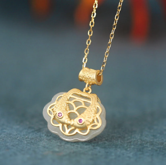 Natural Hetian Jade Double Koi Fish S925 Pendant Necklace, Gift For Women, Birthday