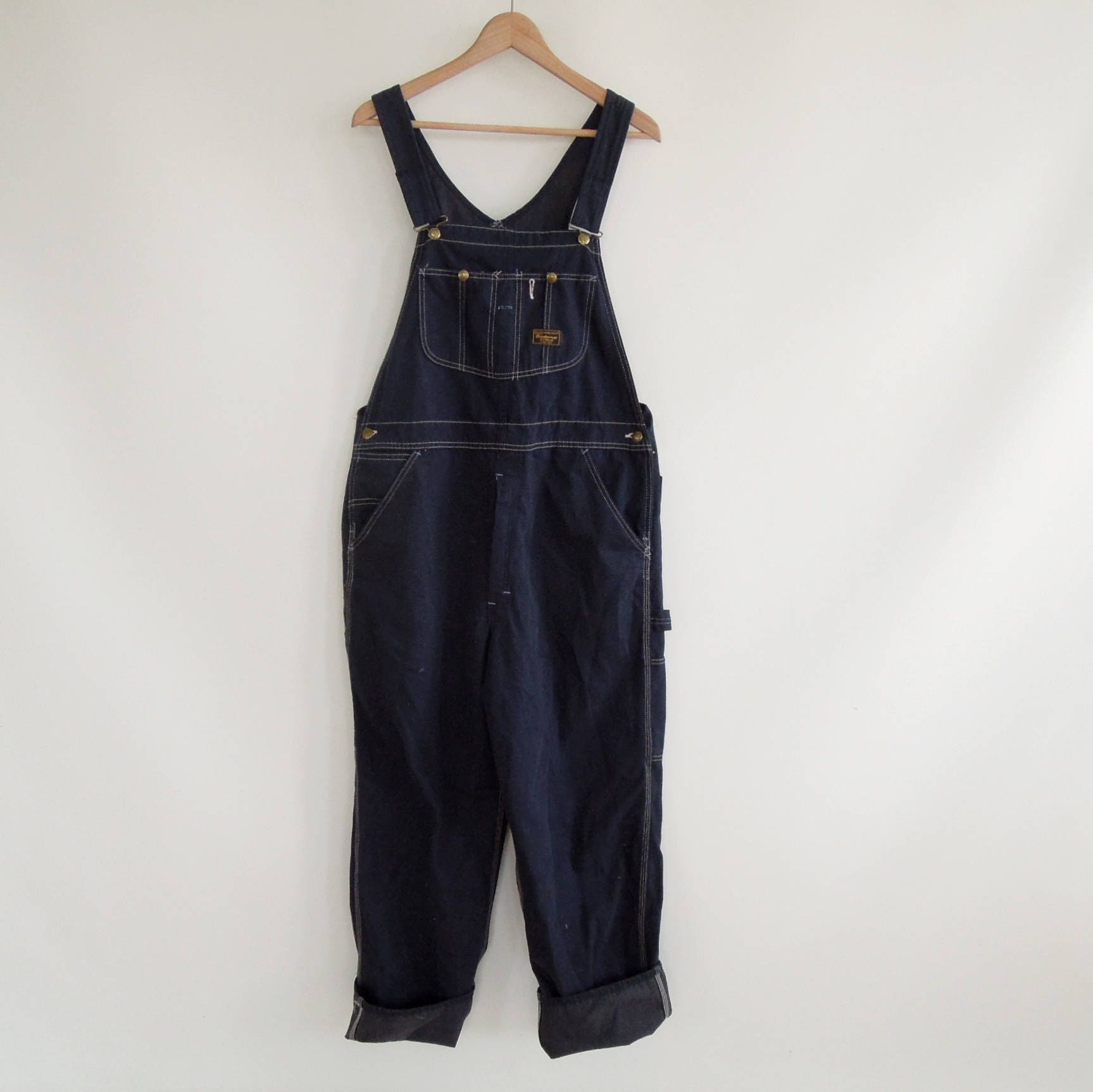 Sears Tradewear Tri-Blend Union Made Bib Overalls Size 38/31 Vintage 1960's Scovill Zipper Indigo Blue Double Stitch