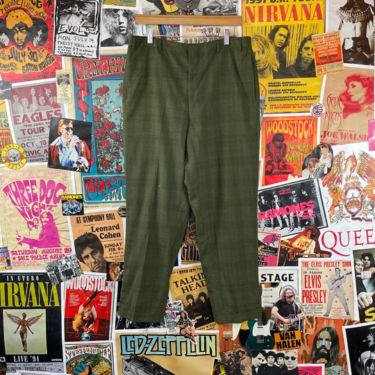 Vintage Men's 1960S Green Plaid 33" Waist Flat Front Cuffed Trousers | 60S Mens Pants