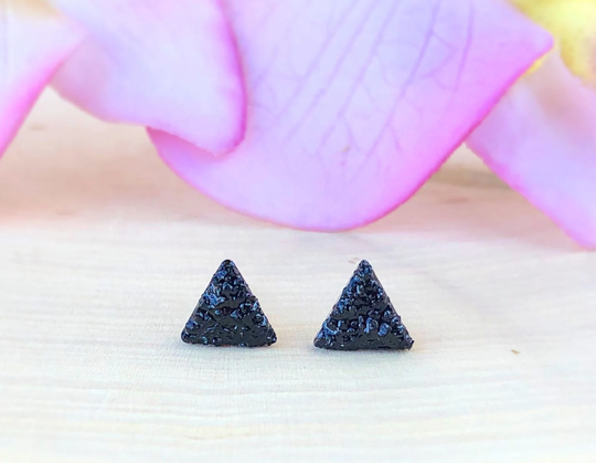Raw Black Tourmaline Triangle Studs, Rough Natural Stone Stud Earrings Post, Crushed Gemstone, Crystal, Rock, October Birthstone, Protection, Gift