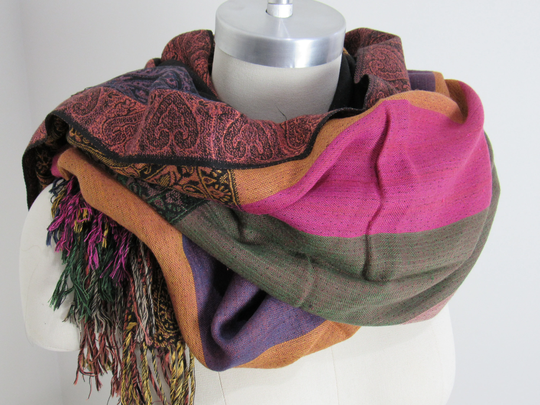 Wool Blend Shawl - Vintage Large 29x78" Oblong Scarf Wrap Fringed Rainbow Paisley Stripe Clothing Accessory