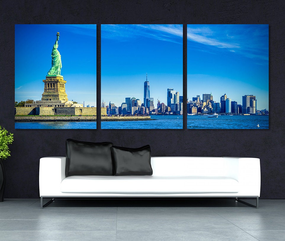 Panoramic New York Skyline, Statue Of Liberty Canvas Print, Wall Art