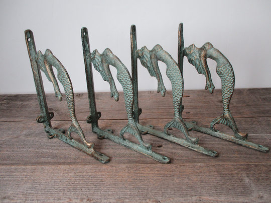 4 Cast Iron Mermaid Brackets, Corbels, Braces, Shelf Bracket, Nautical Decor
