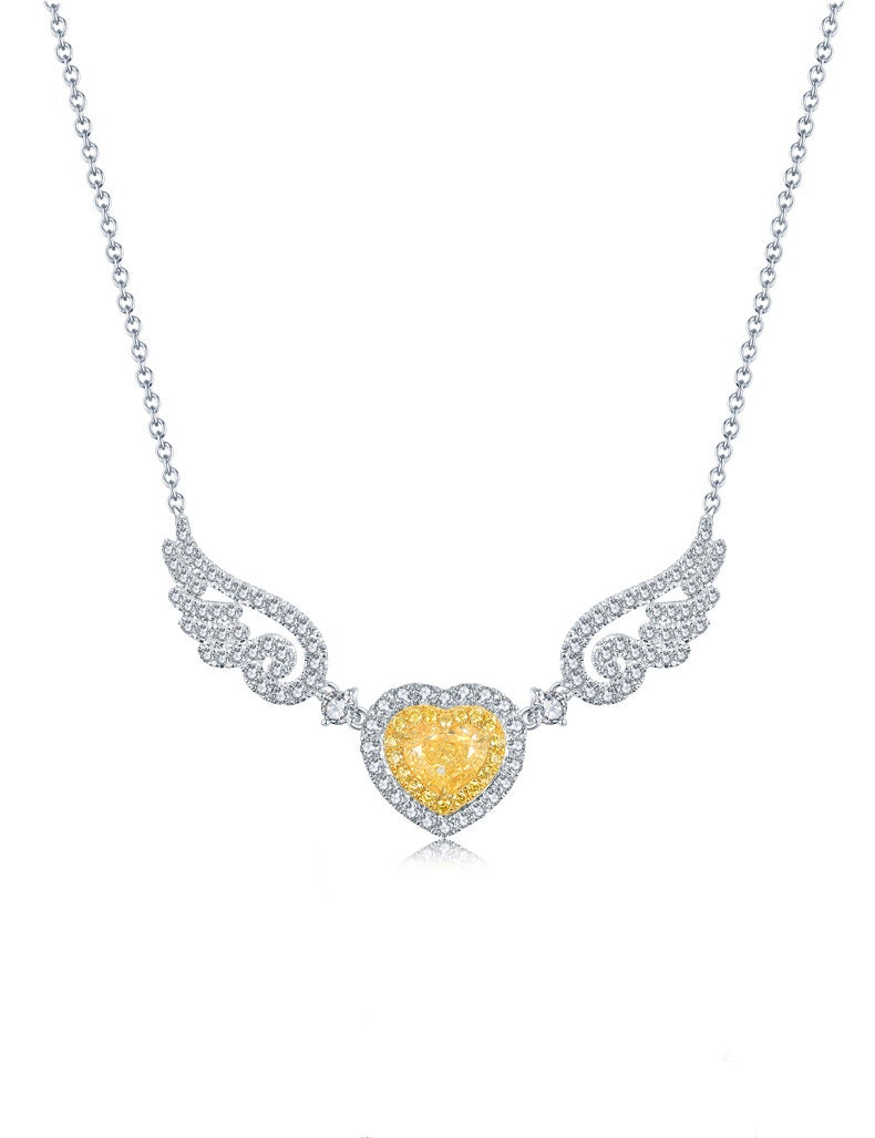 Yellow Diamond Love Heart & Angel Wings Pendant Necklace in Solid 18K Gold/Custom Jewelry/Personalization Design/Gift For Women Girls
